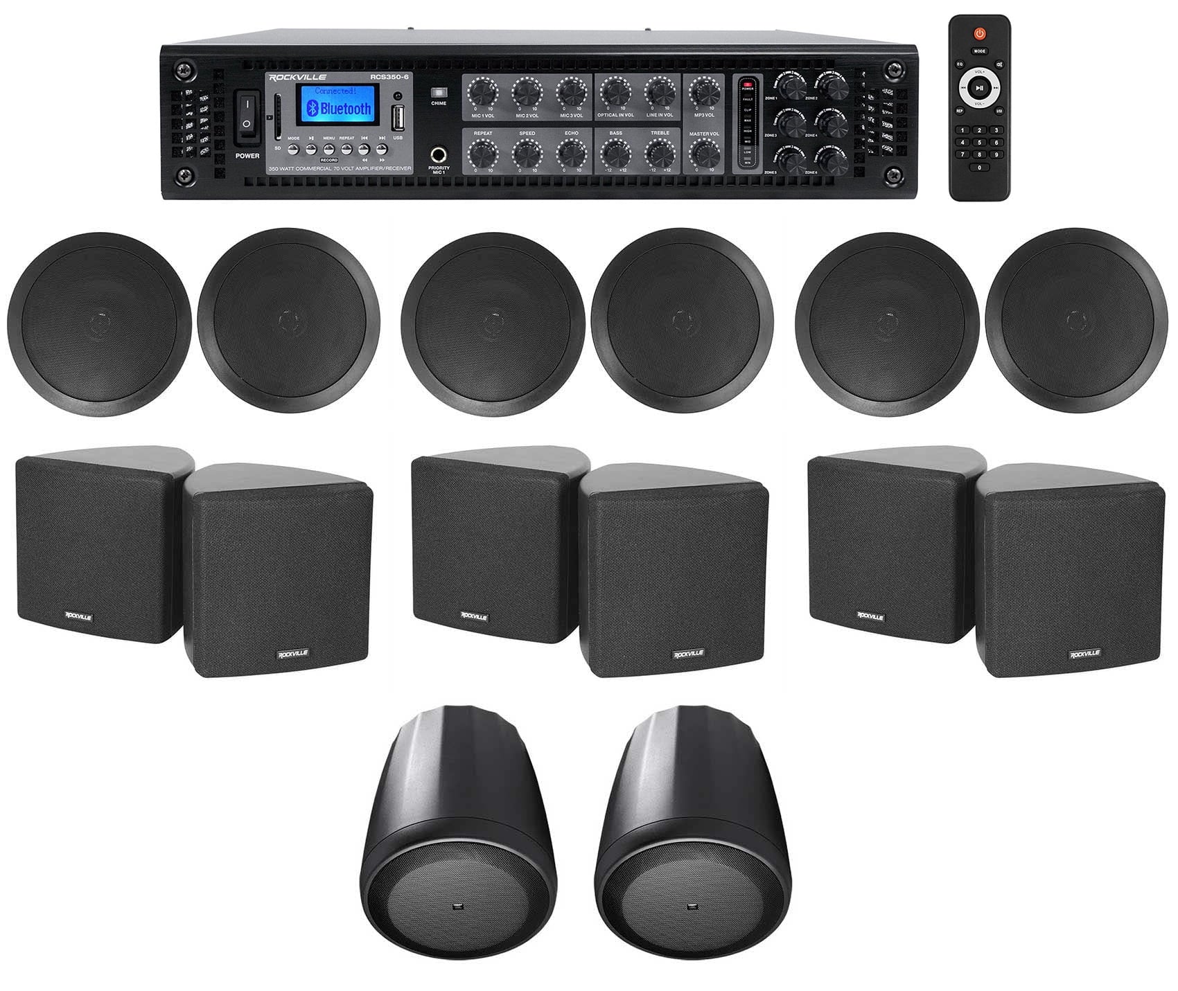 6-Zone Amp+(6) 3.5" Midnight Cube+(2) JBL Termination Speakers for Office/Hotel