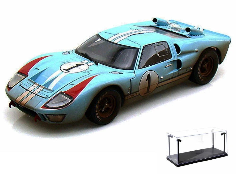 Diecast Car & LED Display Case Package - 1966 Ford GT-40 MK II #1 w/ Dirt, Gulf Blue - Shelby Collectibles SC405 - 1/18 Scale Diecast Model Toy Car w/LED Display Case