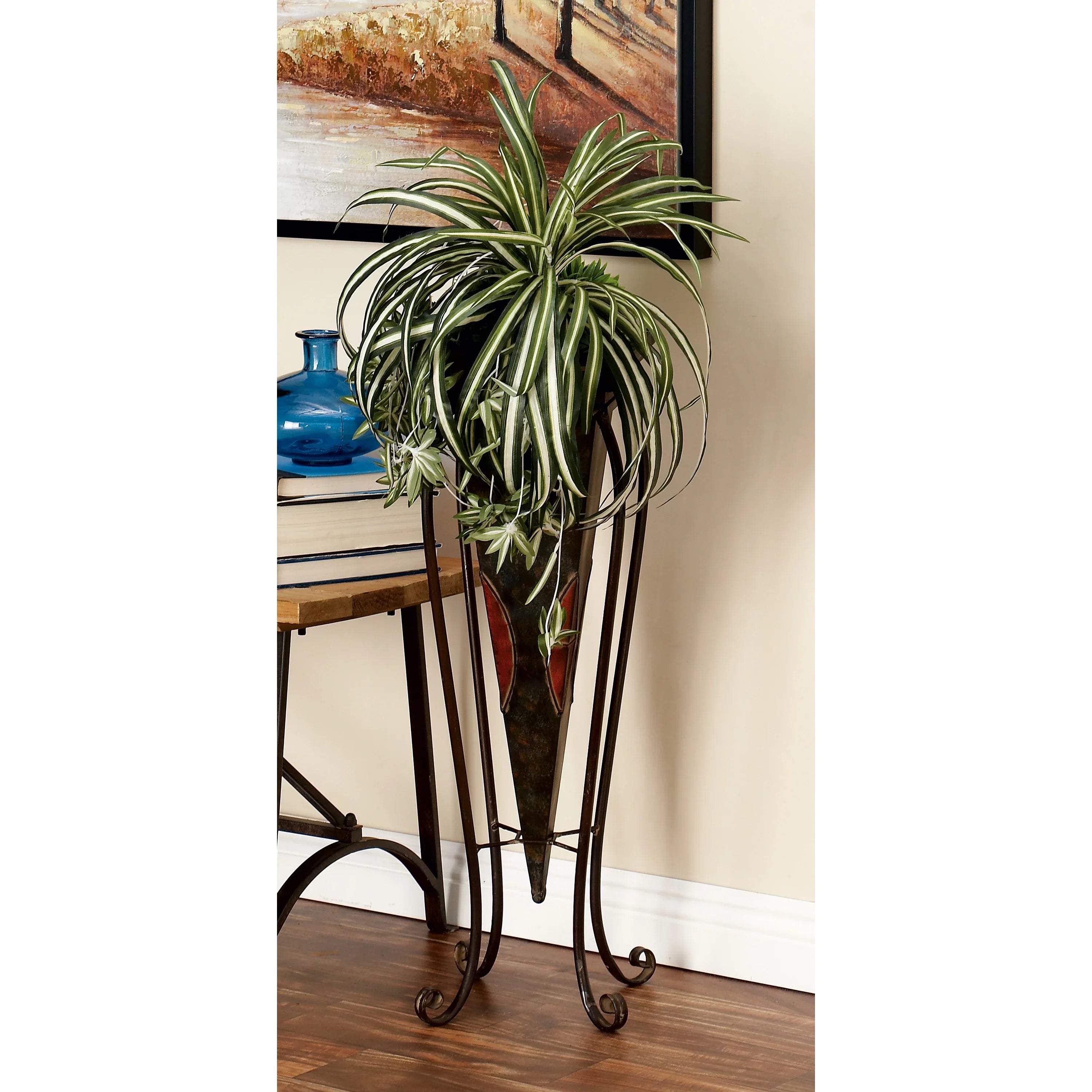 DecMode 30", 28"H Indoor Outdoor Brown Metal Planter with Scroll Stand (2 Count)