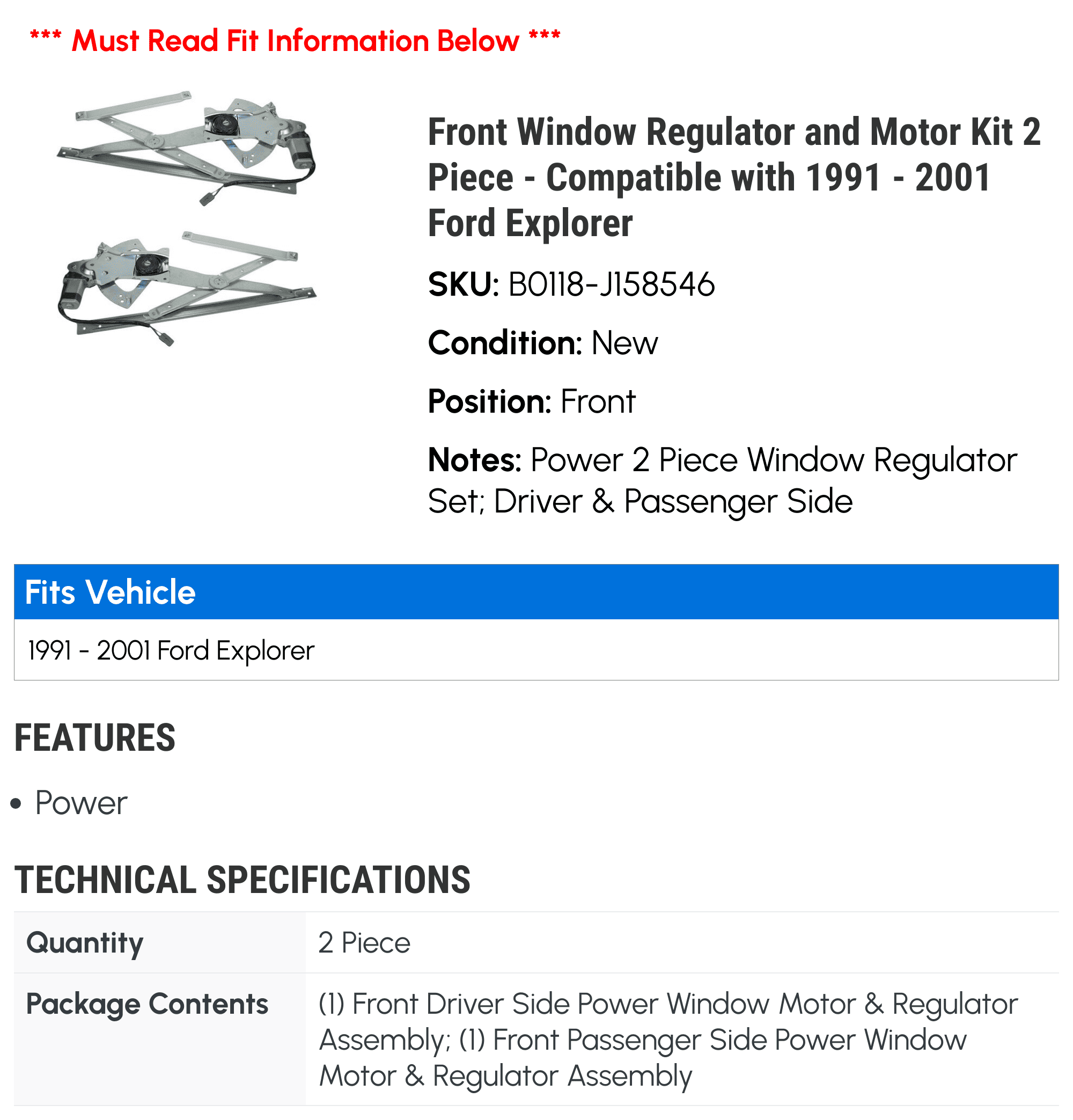 Front Window Regulator and Motor Kit 2 Piece - Compatible with 1991 - 2001 Ford Explorer 1992 1993 1994 1995 1996 1997 1998 1999 2000