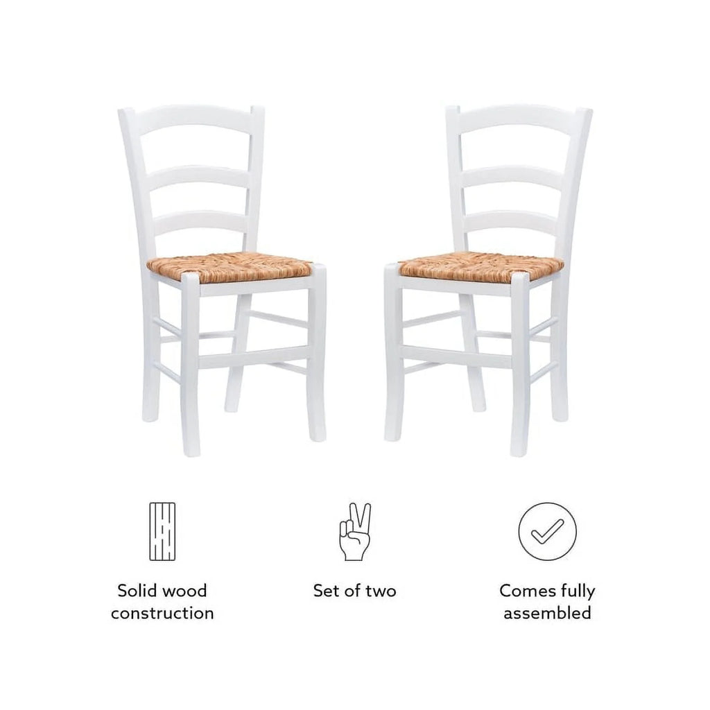 Linon Karsyn Set of Two Wood Side Chairs Ladder Back Rush Seat in White Finish