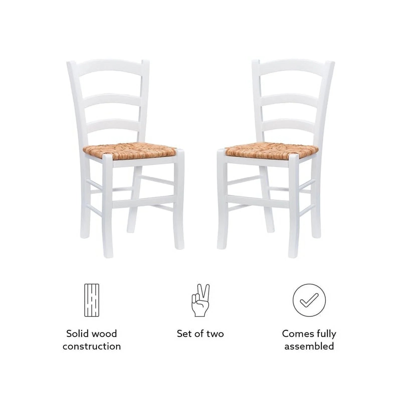 Linon Karsyn Set of Two Wood Side Chairs Ladder Back Rush Seat in White Finish