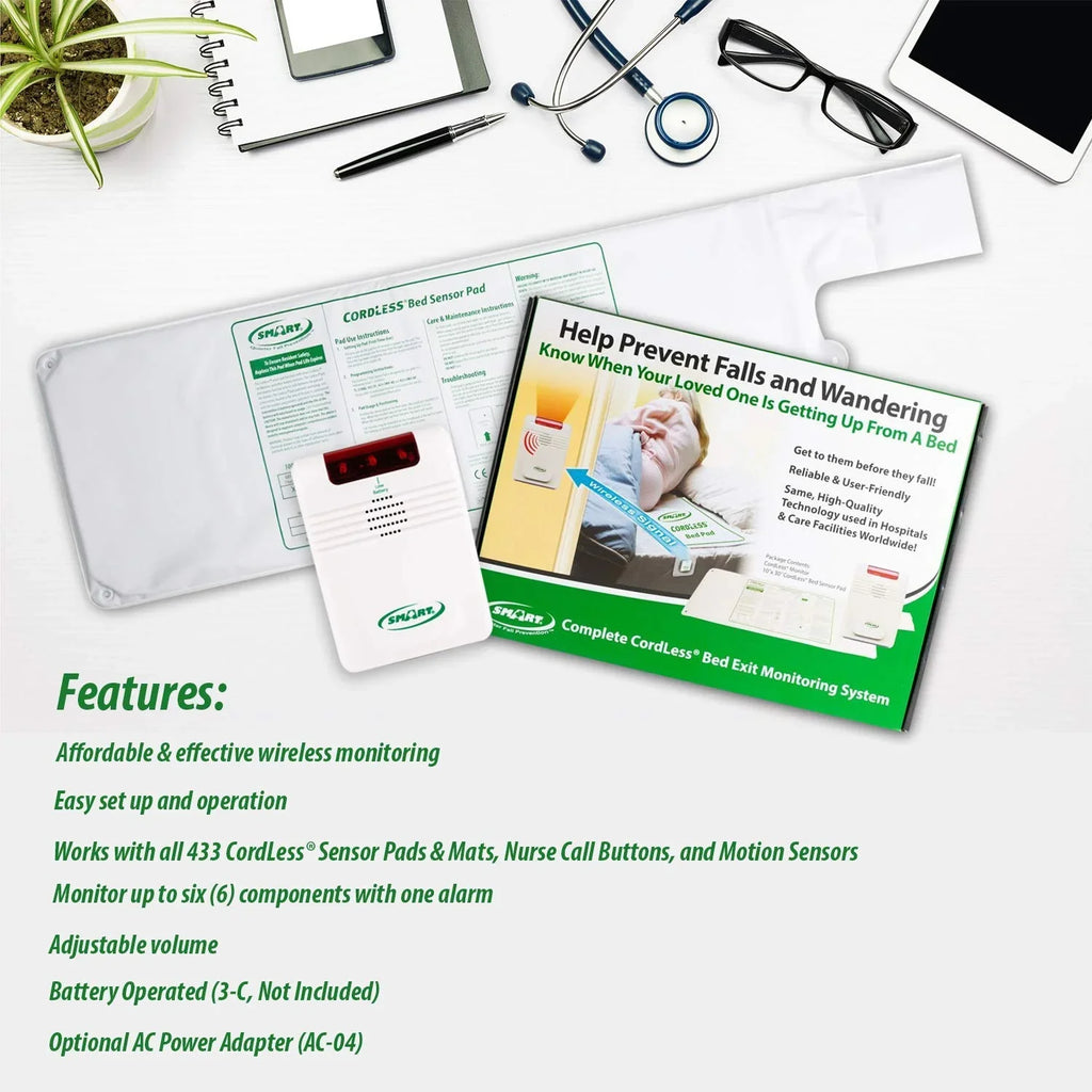 Smart Caregiver Cordless Bed Exit Monitoring System Alarm with Bed Pressure Sensing Pad - Help Prevent Falls and Wandering While Edge 2 Piece Set