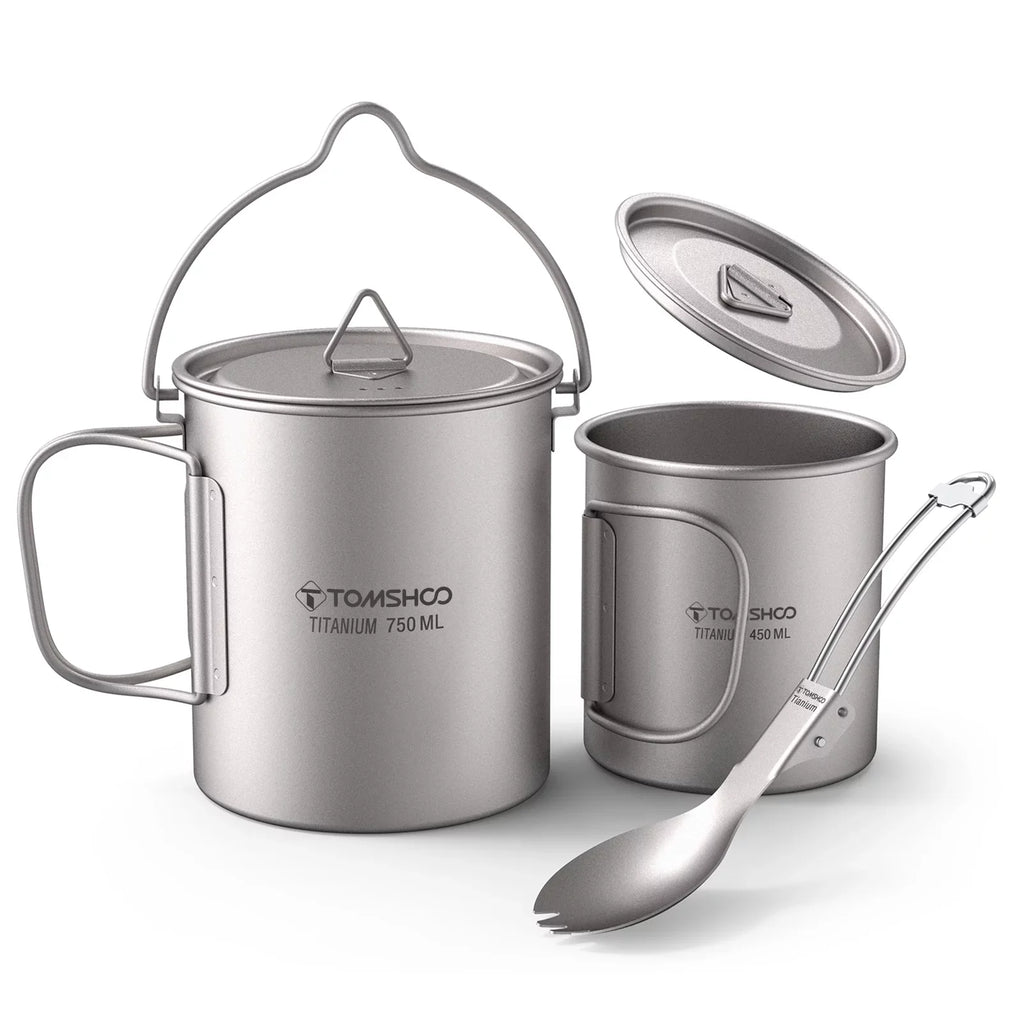 TOMSHOO cup kit,With Lid 450ml Water Cup 3 Pieces Set 750ml Pot Lid Collapsible Handle Cup With Handle Spork Pot With Handle Open Fire Adben Lid Coffee Cup Set Ium 750ml