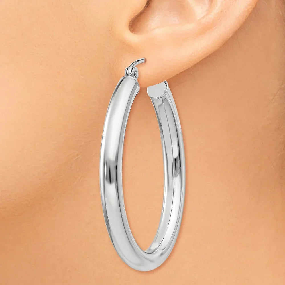 Real 14kt White Gold Polished 3.5mm Oval Tube Hoop Earrings; for Adults and Teens; for People and Gentlemen